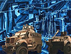 这幅油画, 《警察机器:压迫的寓言,是展览中出现的艺术品之一, 标题为“暴乱秀”,由Dr。. 迈克尔·法里斯.